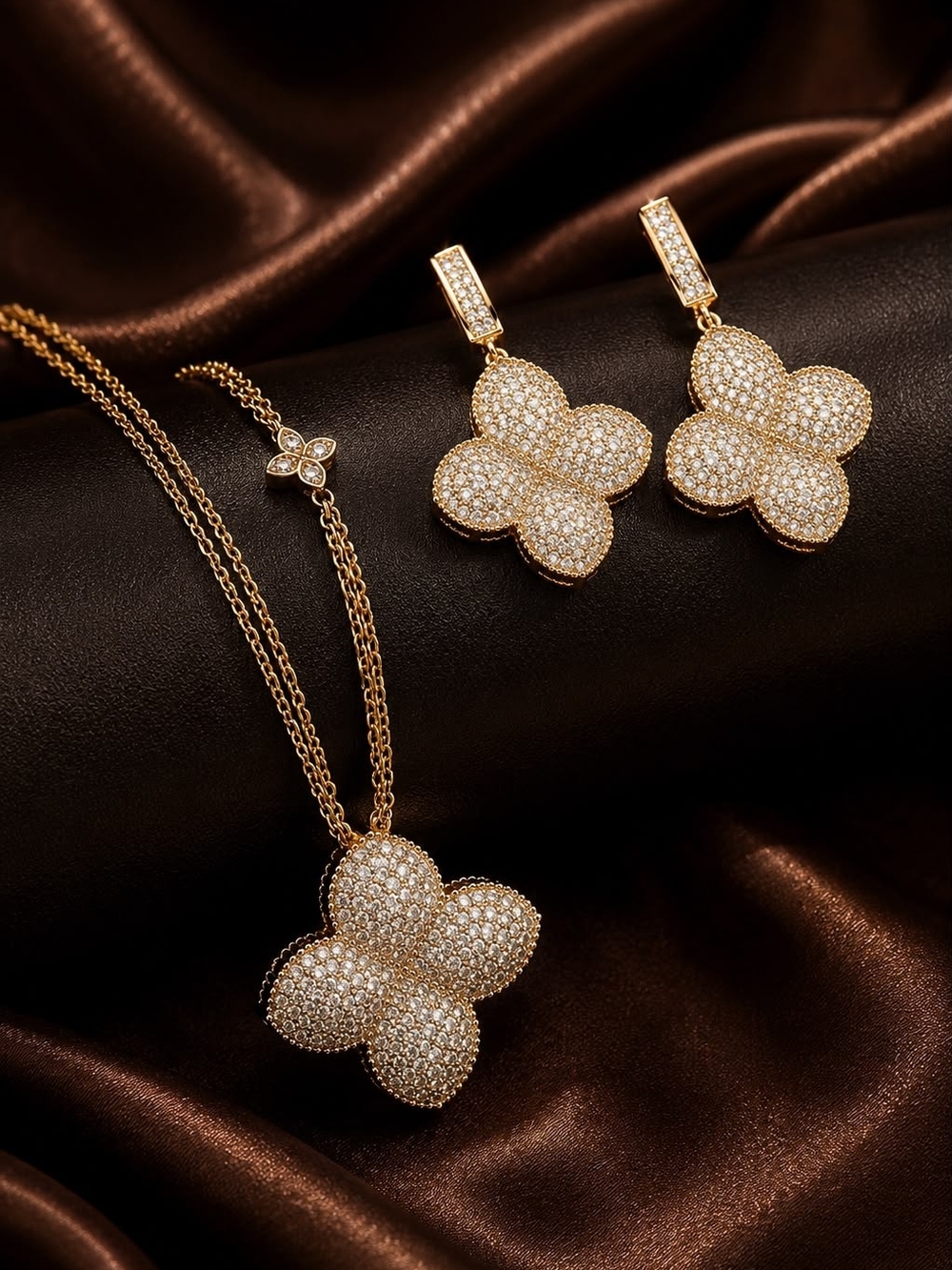 Gold Pave Clover Necklace and Earrings Set - Picture 6 of 7